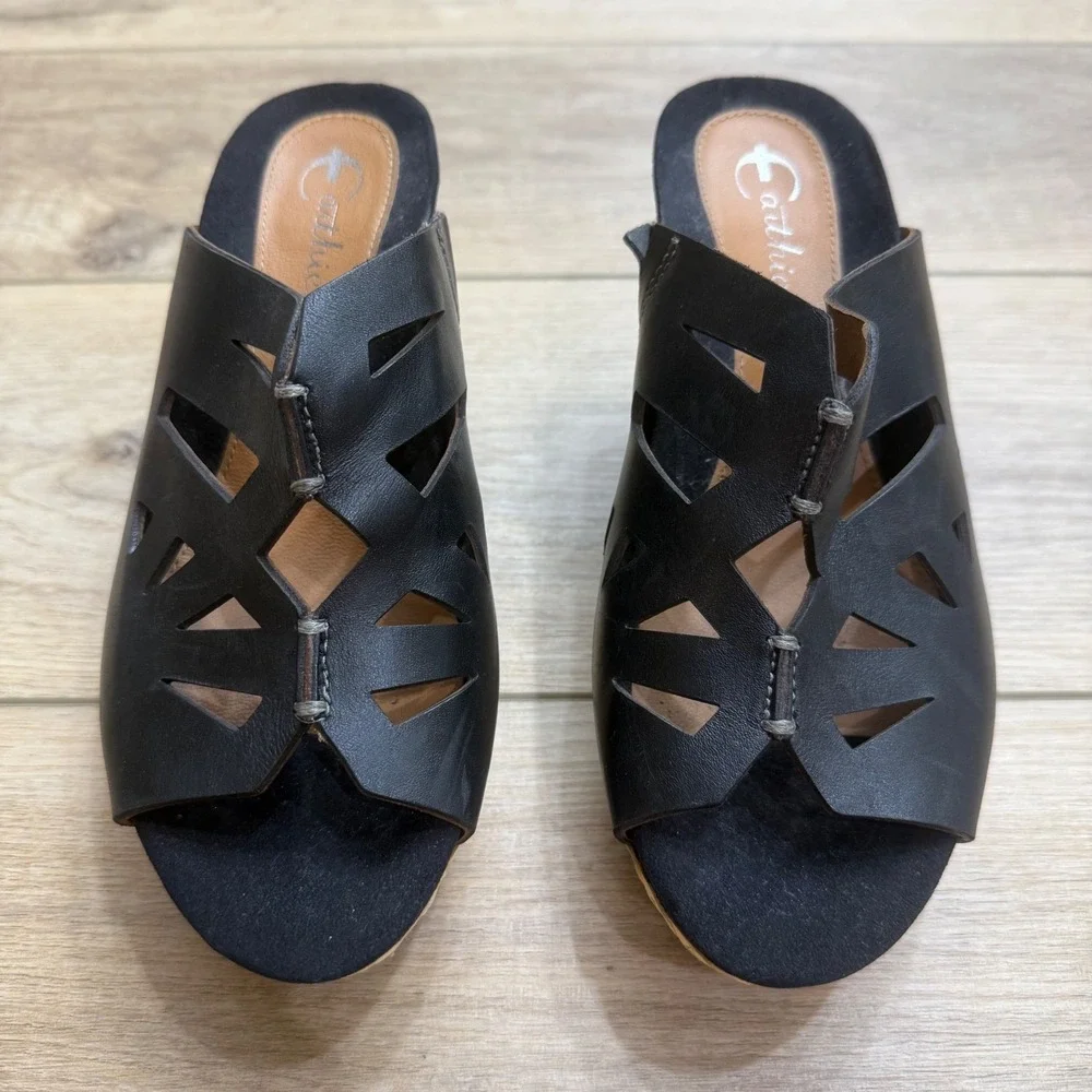 Earthies Setina Black Leather Cut Out Wedge Sandals Braided Trim Slide Mules 7